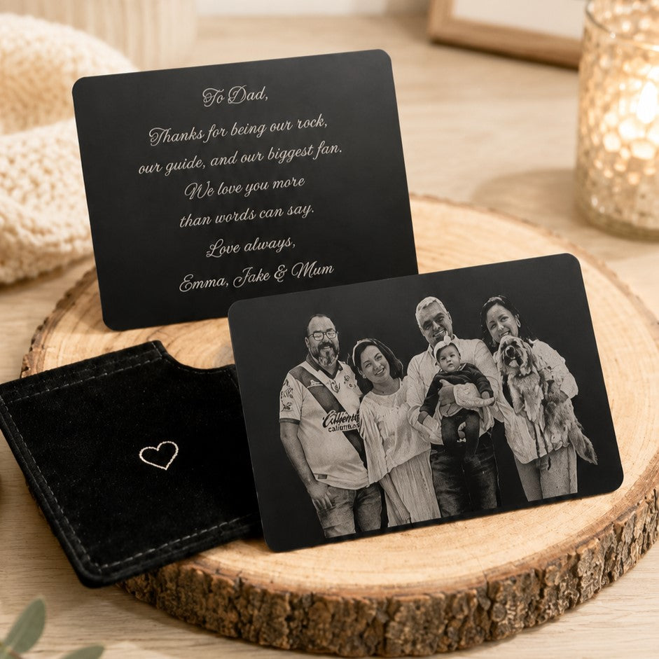 Personalized photo card with family portrait and engraved message on back