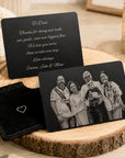 Personalized photo card with family portrait and engraved message on back
