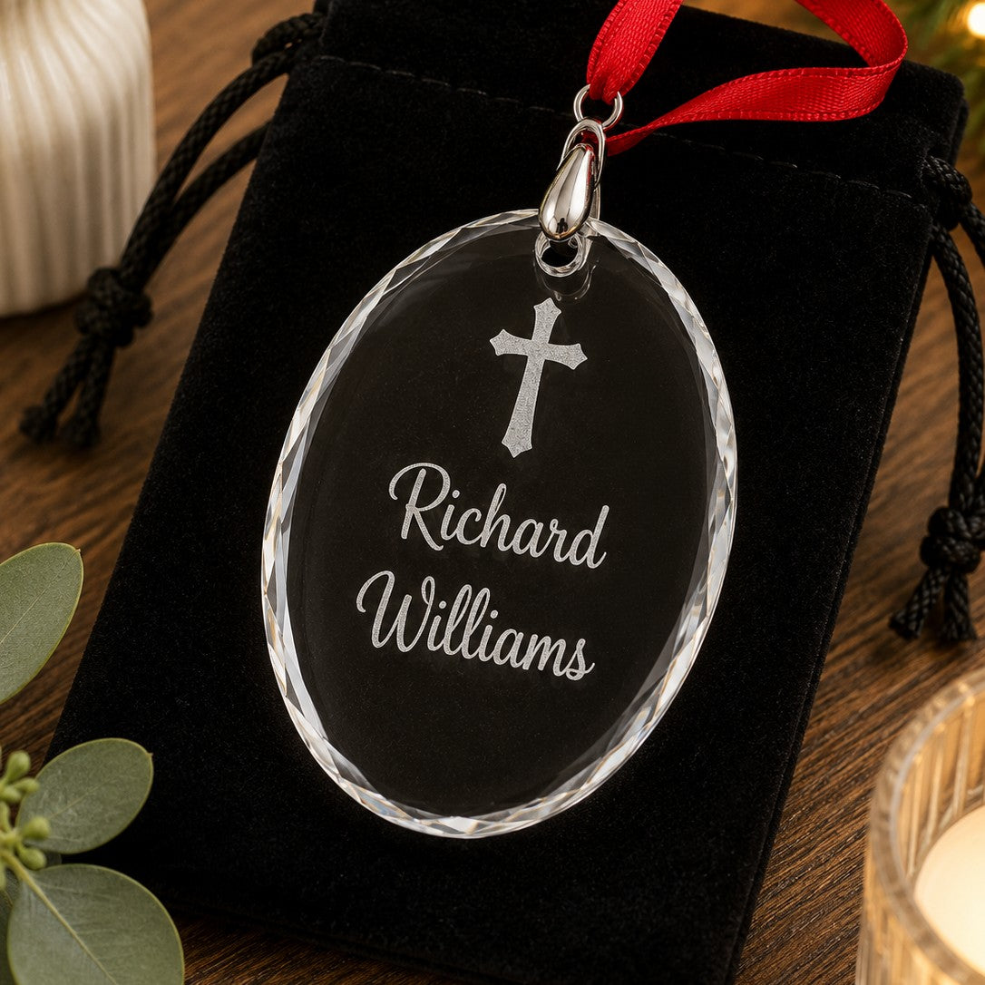 engraved memorial ornament with cross