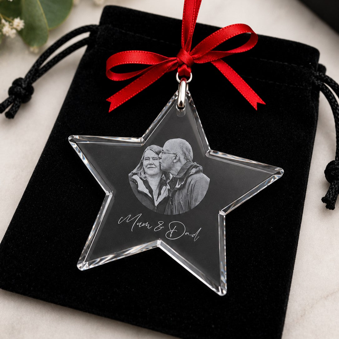 Personalised engraved crystal photo star Christmas ornament with black velvet gift bag
