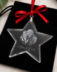 Personalised engraved crystal photo star Christmas ornament with black velvet gift bag