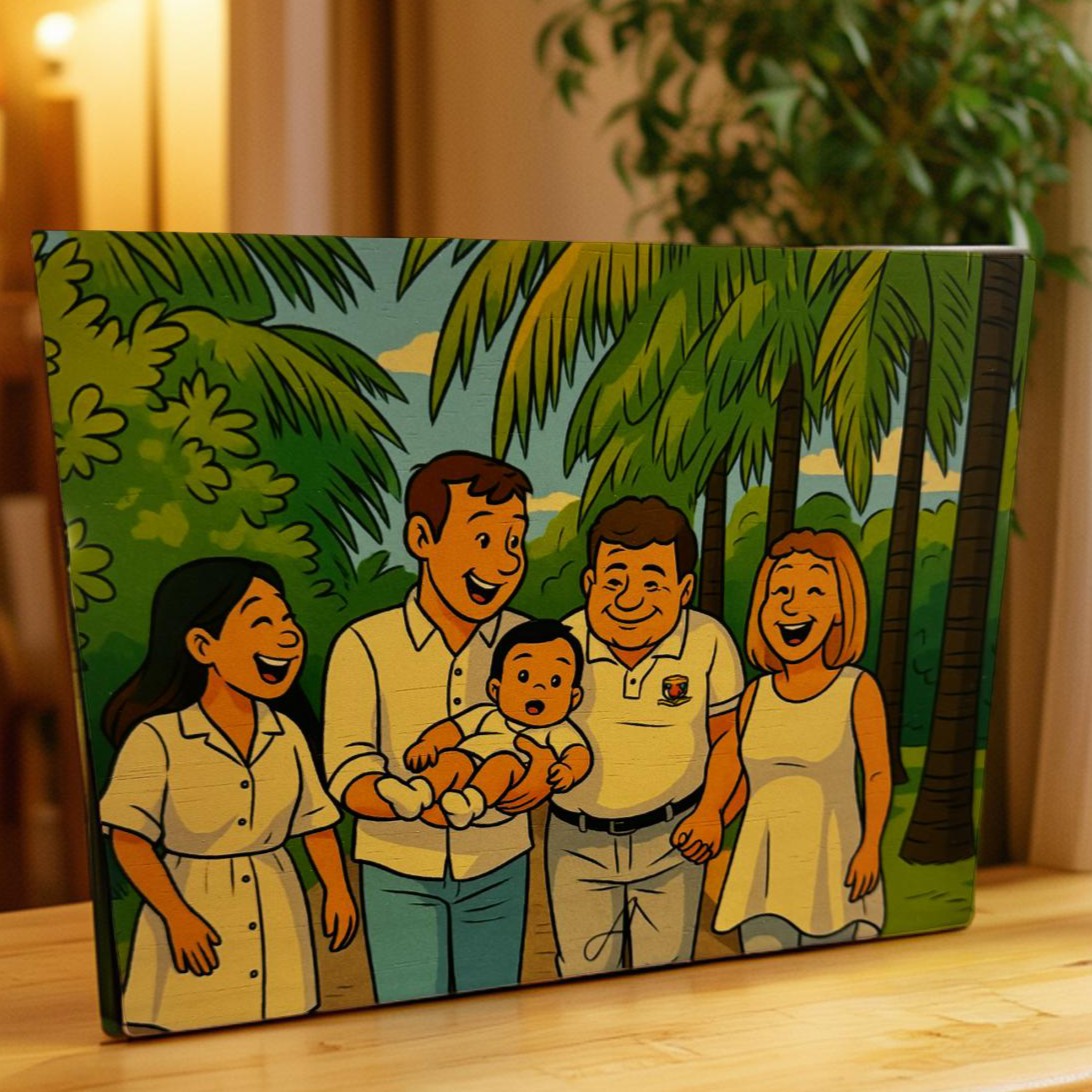 Personalised family cartoon portrait printed on wood
