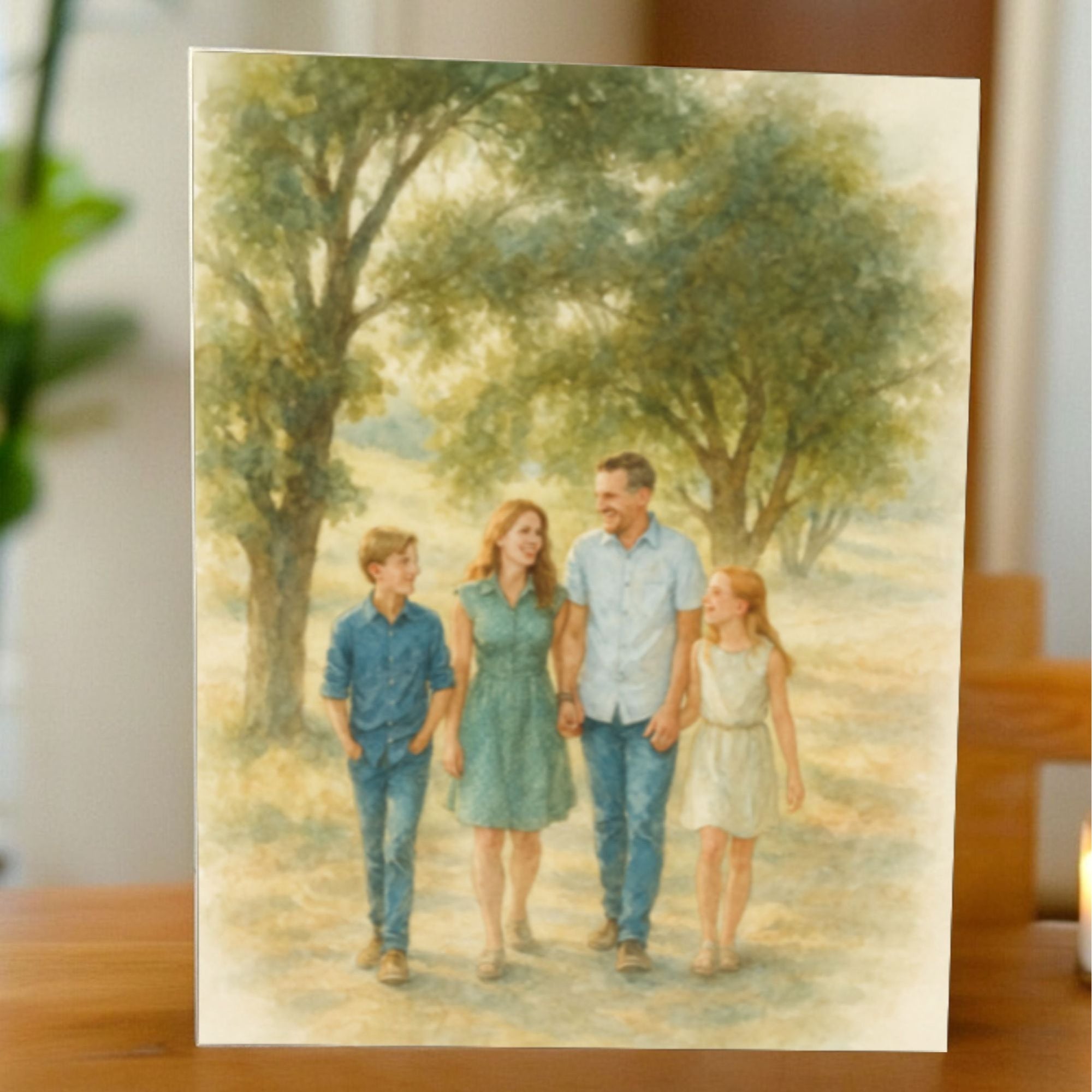 Personalised watercolour style photo portrait on pine wood, freestanding wooden artwork