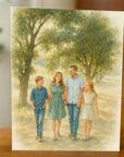Personalised watercolour style photo portrait on pine wood, freestanding wooden artwork