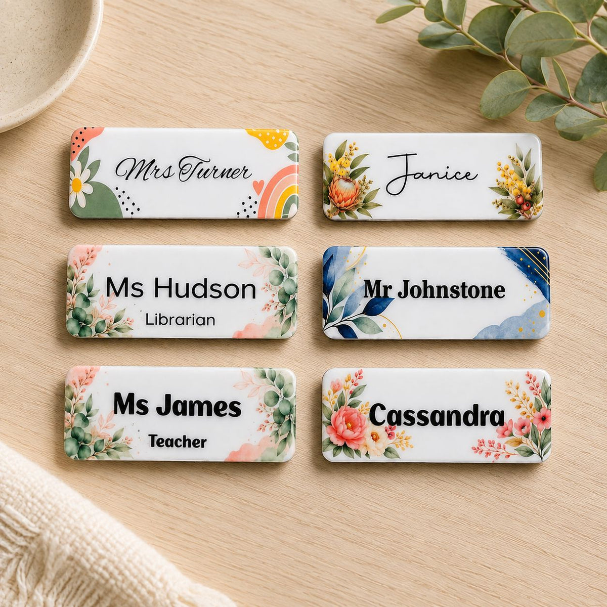 Personalised floral teacher name badges 85 × 30mm with strong magnetic backs