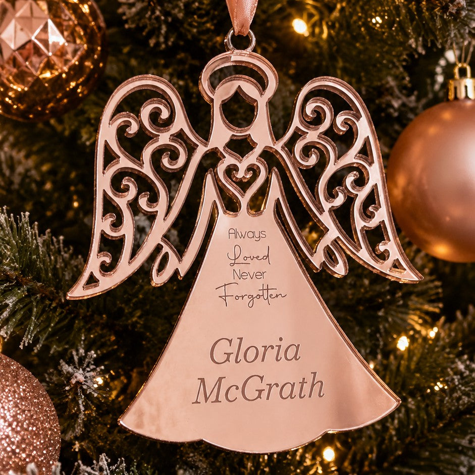 mirror acrylic memorial angel ornament personalised with engraved name and remembrance message