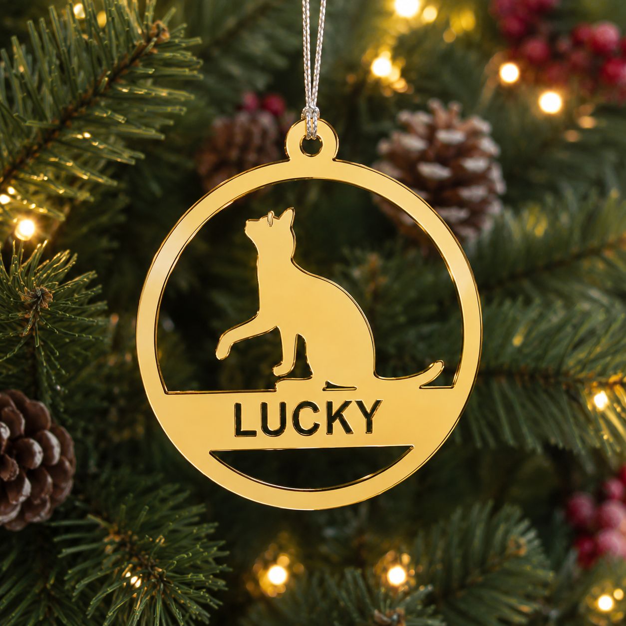 Gold cat-shaped ornament with your cat's name.