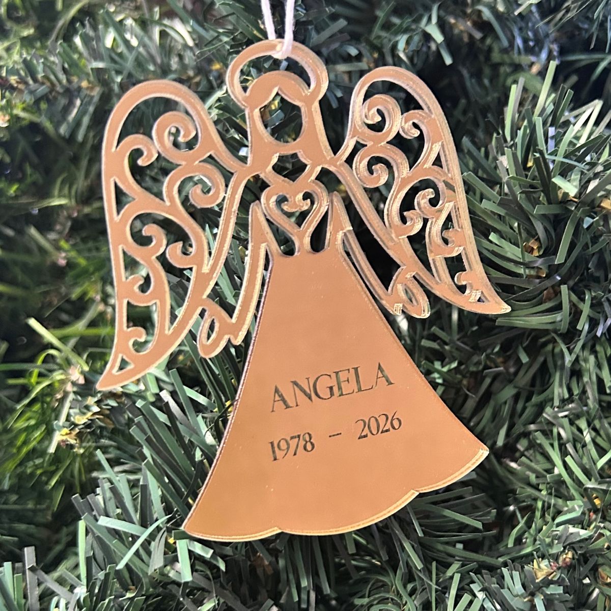 Personalised mirror acrylic memorial angel ornament in gold with engraved name and dates