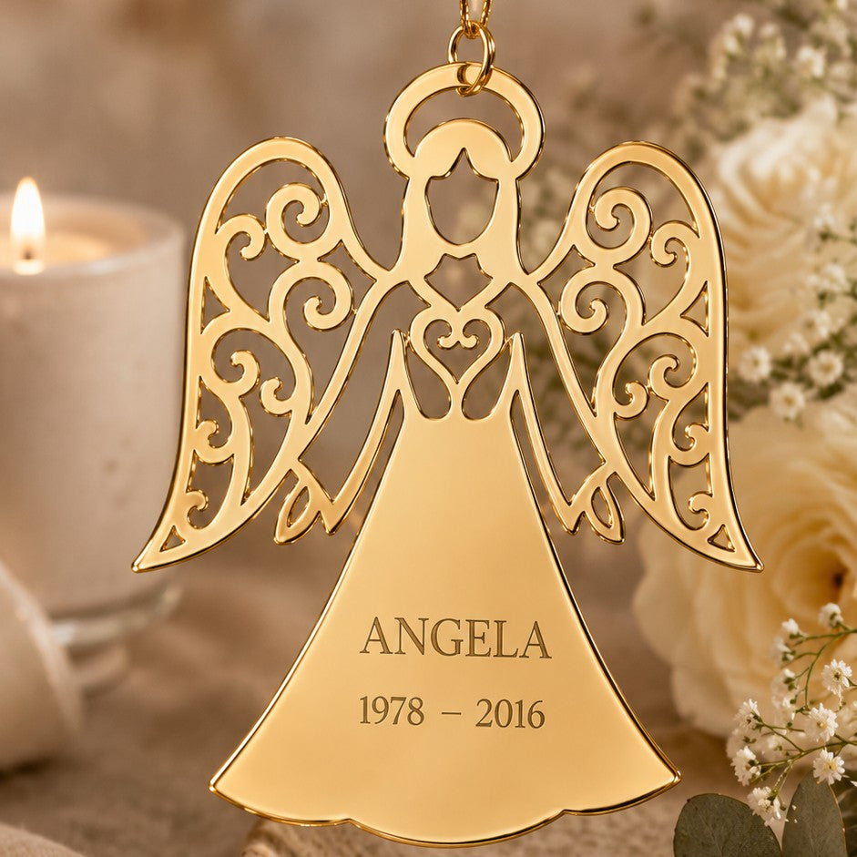 Personalised mirror acrylic memorial angel ornament in gold 