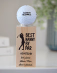 Custom golf ball with name on wooden display stand, perfect Mother’s Day golf gift