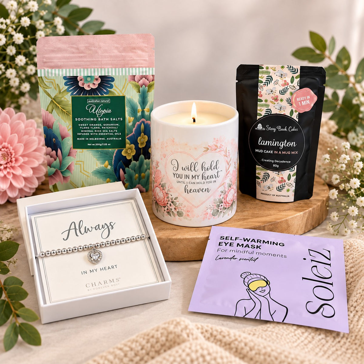 Sympathy care package with memorial candle, bath salts and self-care gifts
