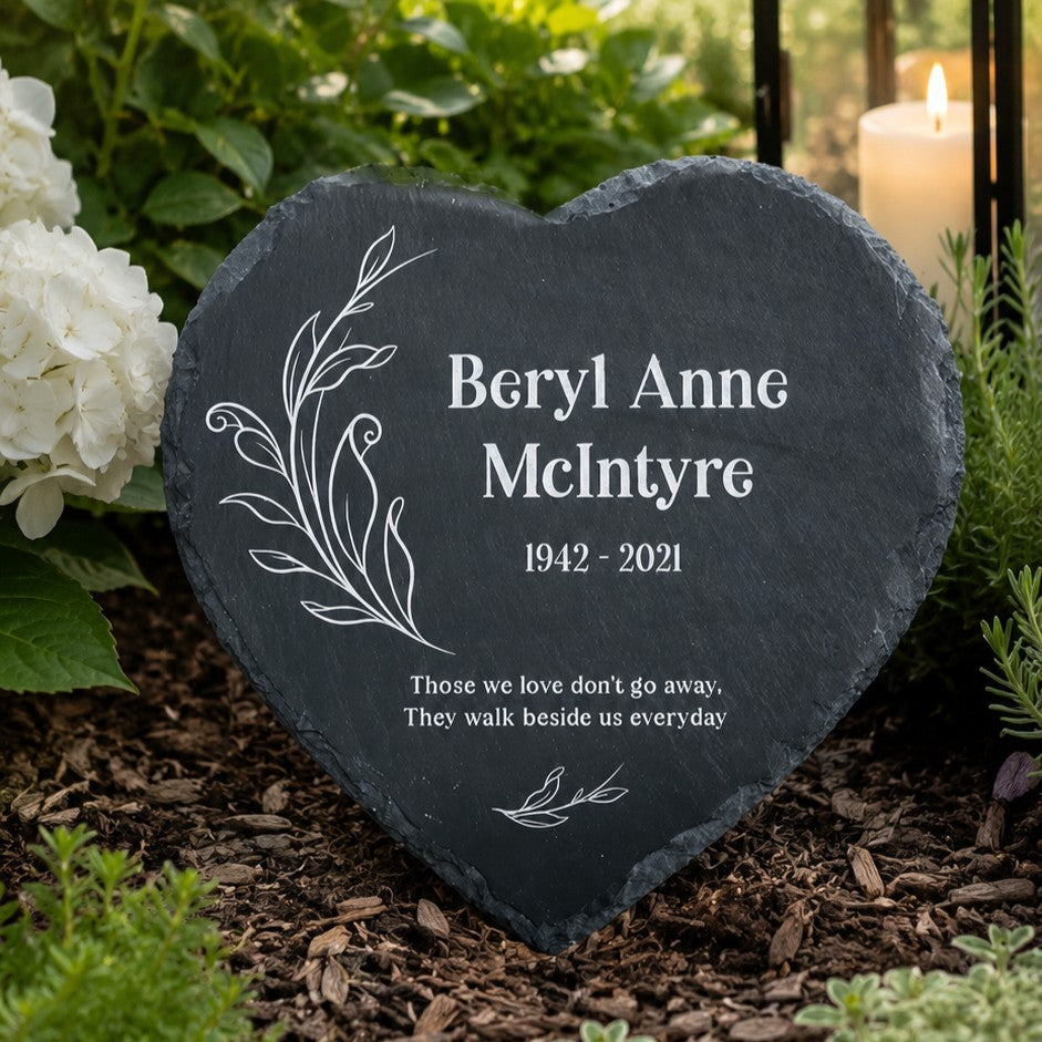 Natural slate heart memorial plaque for indoor or outdoor remembrance gardens
