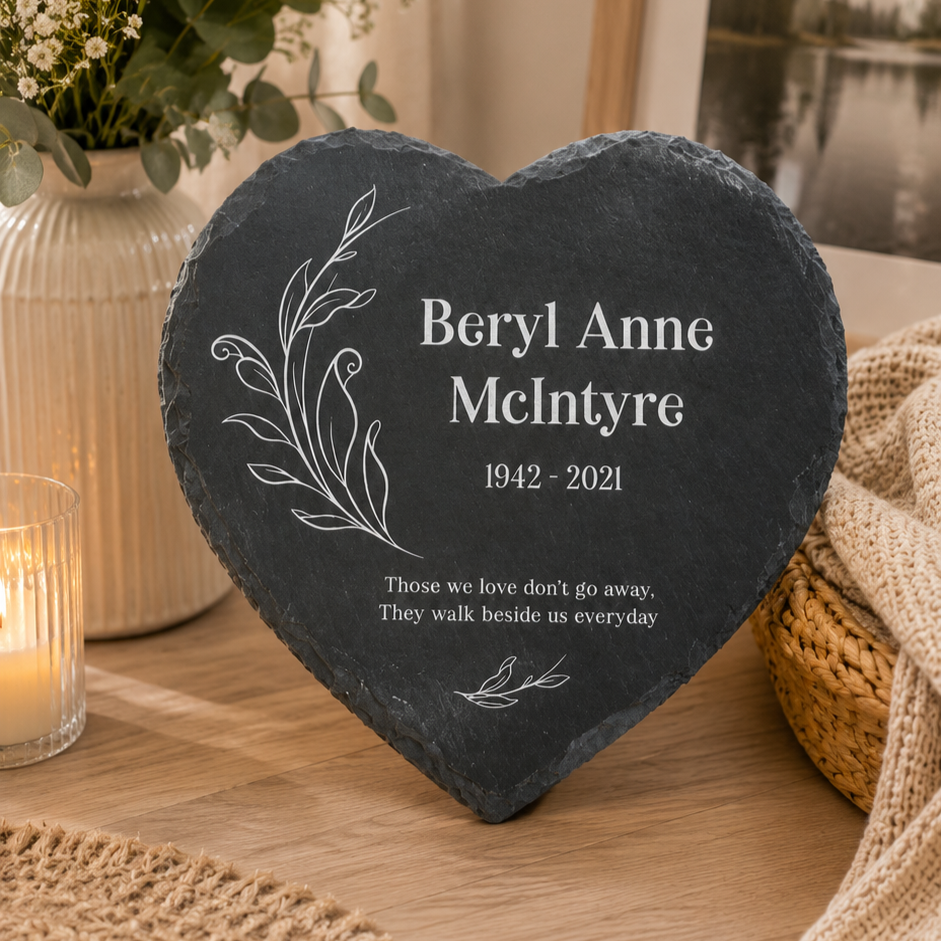 Personalised heart-shaped slate memorial plaque for garden or home display