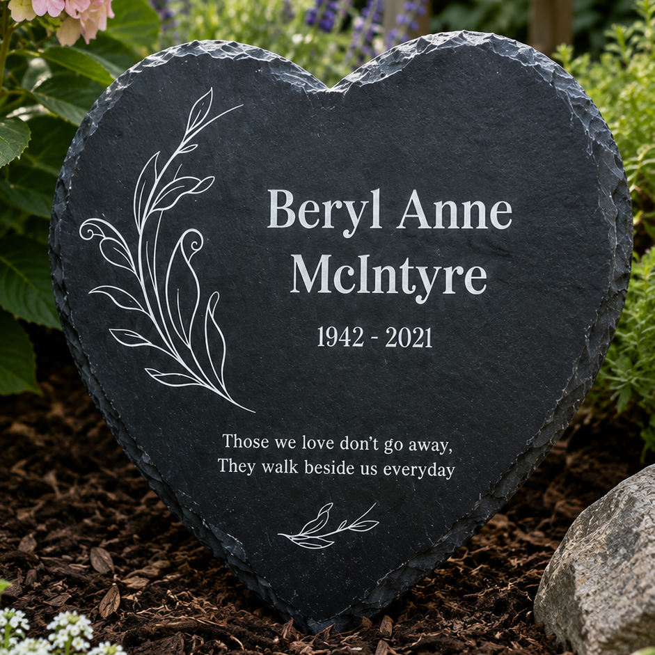 Personalised memorial garden slate heart plaque with custom name and memorial message