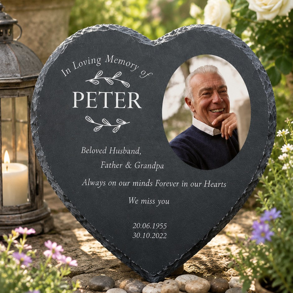 Custom personalised memorial slate heart with photo, names and dates