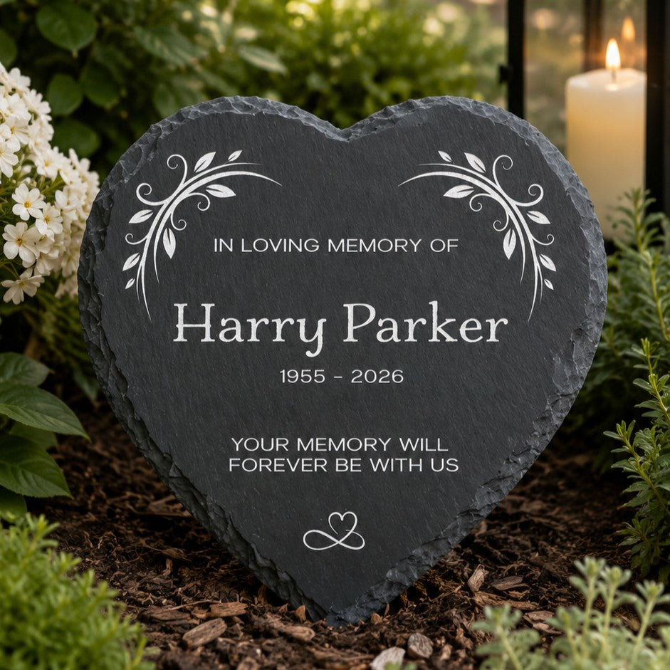 Personalised natural slate memorial heart plaque for indoor or outdoor display