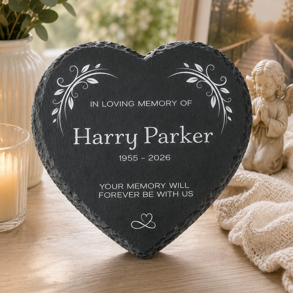 Outdoor memorial slate heart plaque for remembrance gardens and home memorial displays