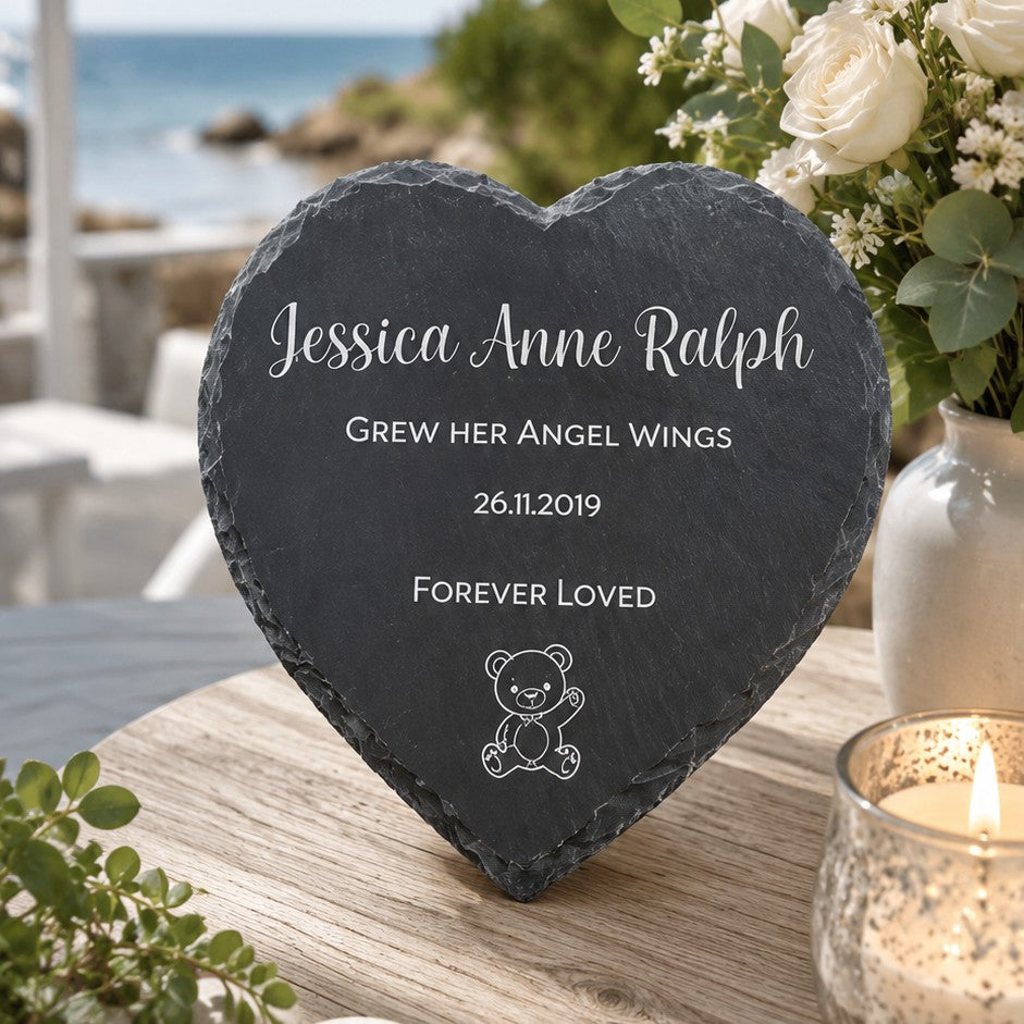 Heart-shaped slate plaque personalised in memory of a baby with name and dates
