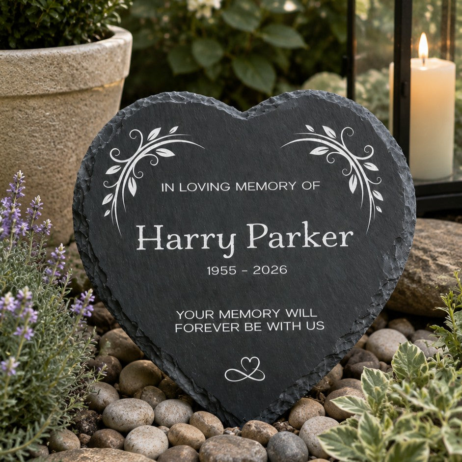 Heart-shaped slate memorial plaque personalised with names, dates and remembrance message