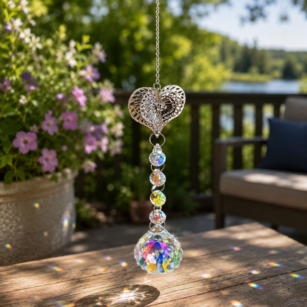Heart window suncatcher with large rainbow crystal pendant and presentation box