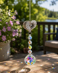 Heart window suncatcher with large rainbow crystal pendant and presentation box