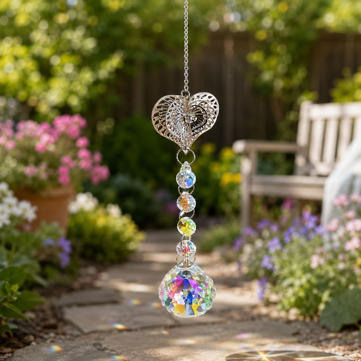 Silver heart crystal suncatcher with iridescent rainbow crystal in gift box