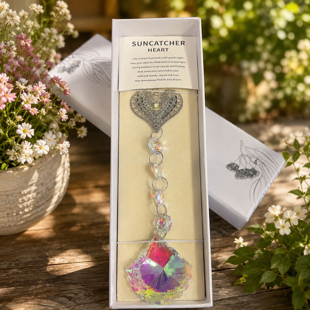 Silver heart crystal suncatcher with iridescent rainbow crystal in gift box