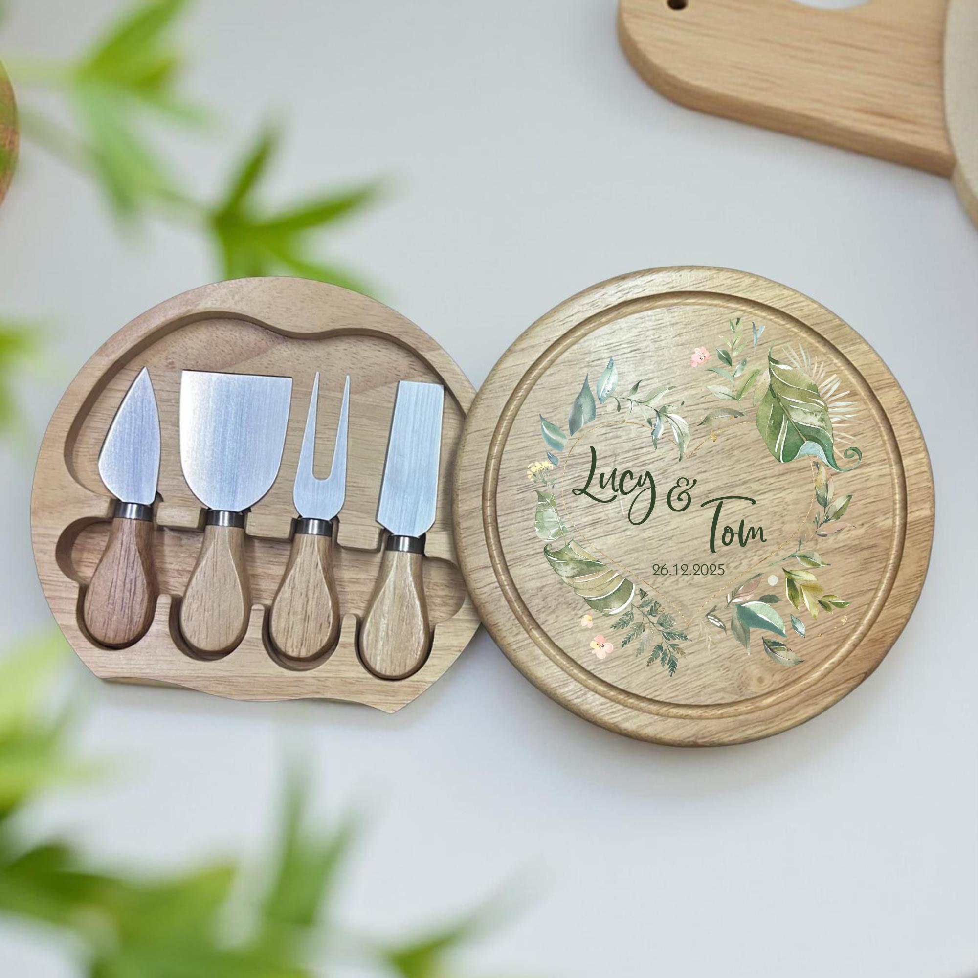 Personalised leafy heart cheese board with names