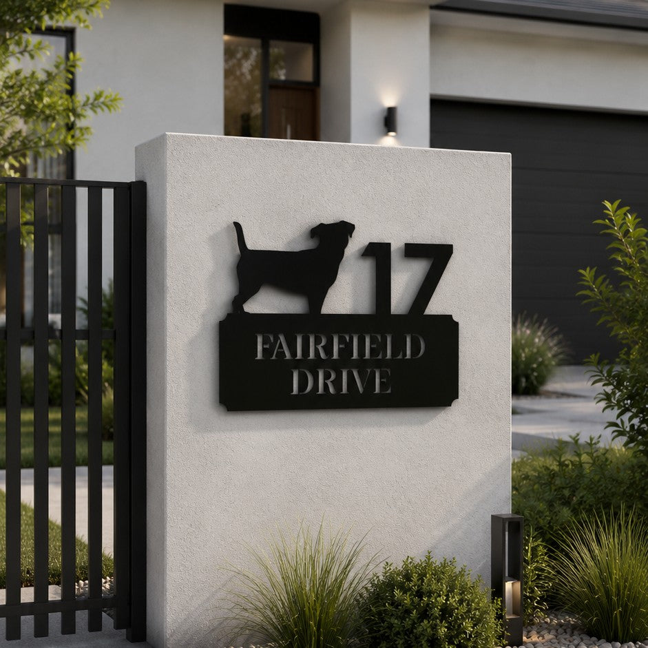 address sign with dog