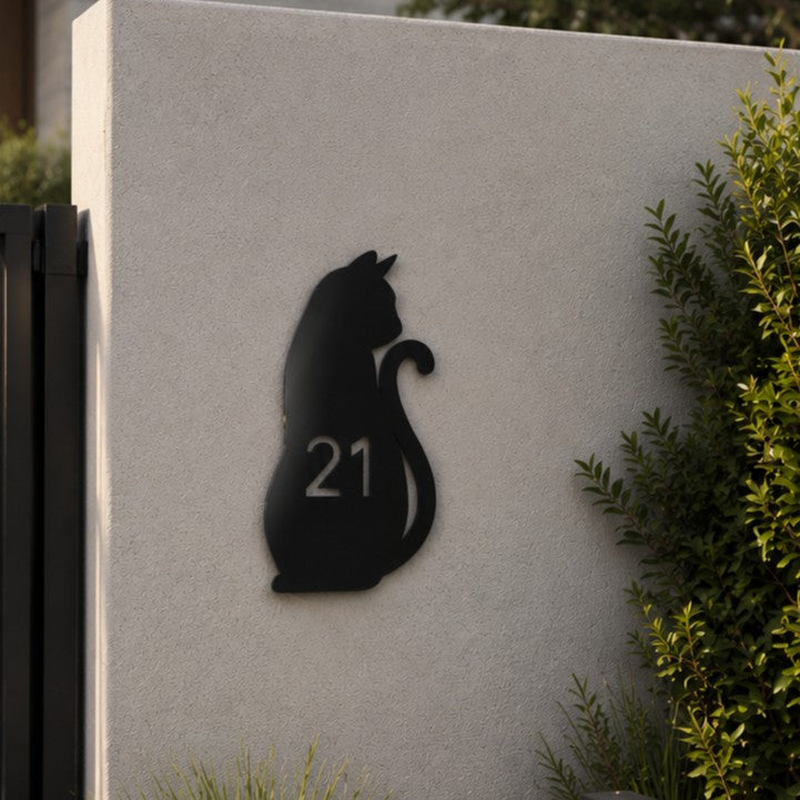 house number sign with black cat