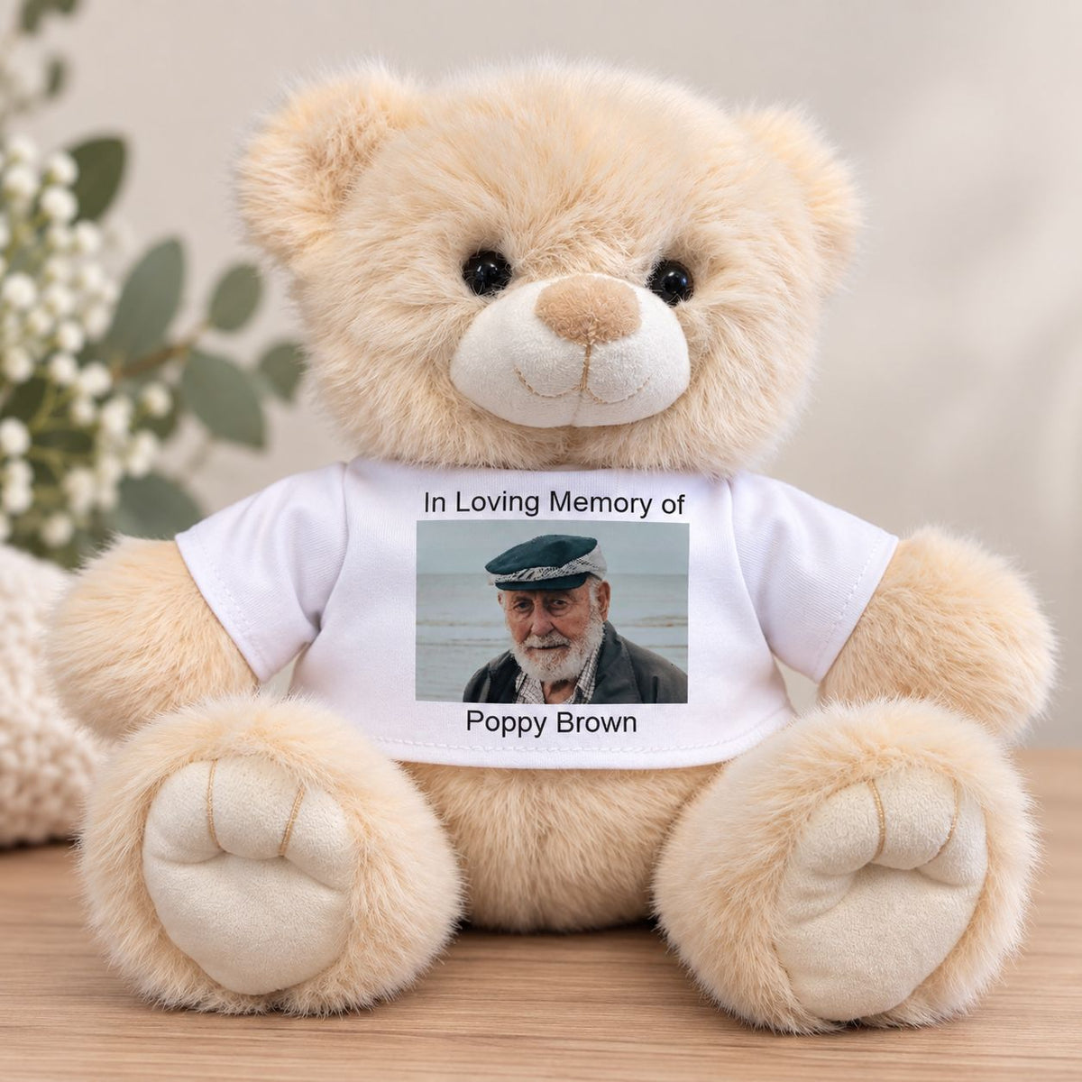 Personalised 28cm memorial teddy bear with photo and custom wording