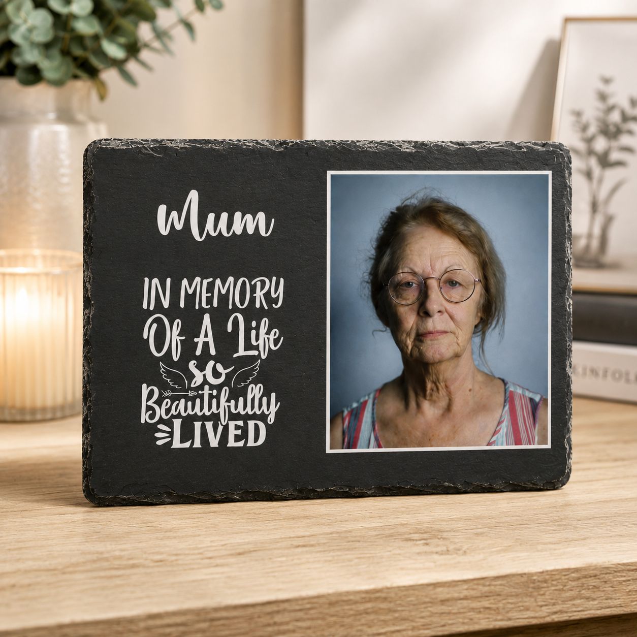 Large black natural slate memorial personalised with treasured photograph and custom wording