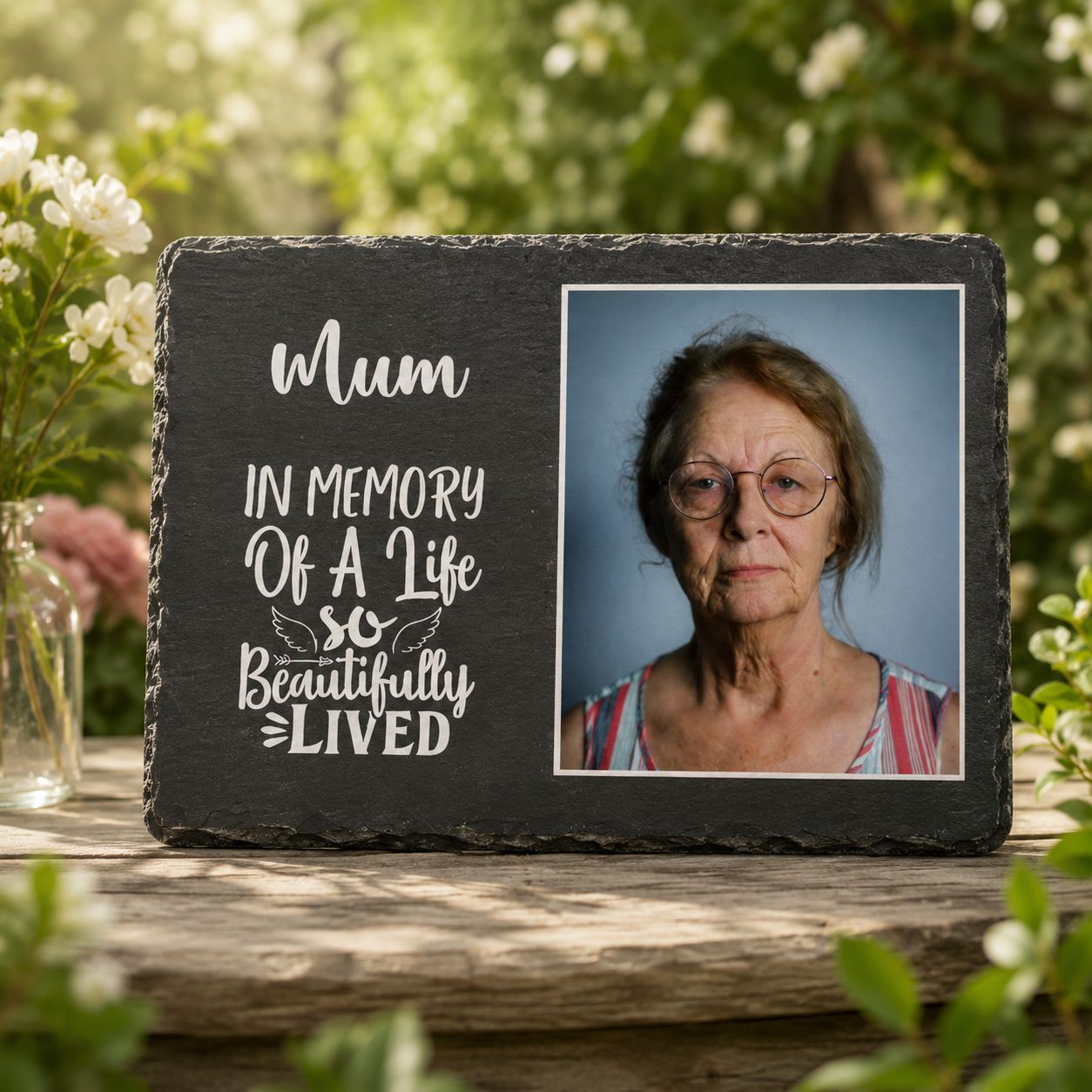 Personalised photo memorial slate plaque 30 × 20cm with choice of 8 remembrance quotes