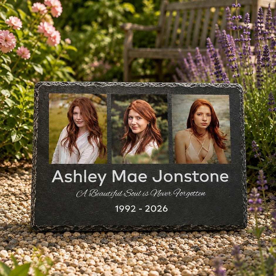 Large black natural slate memorial featuring three personalised photographs