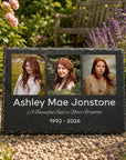 Large black natural slate memorial featuring three personalised photographs