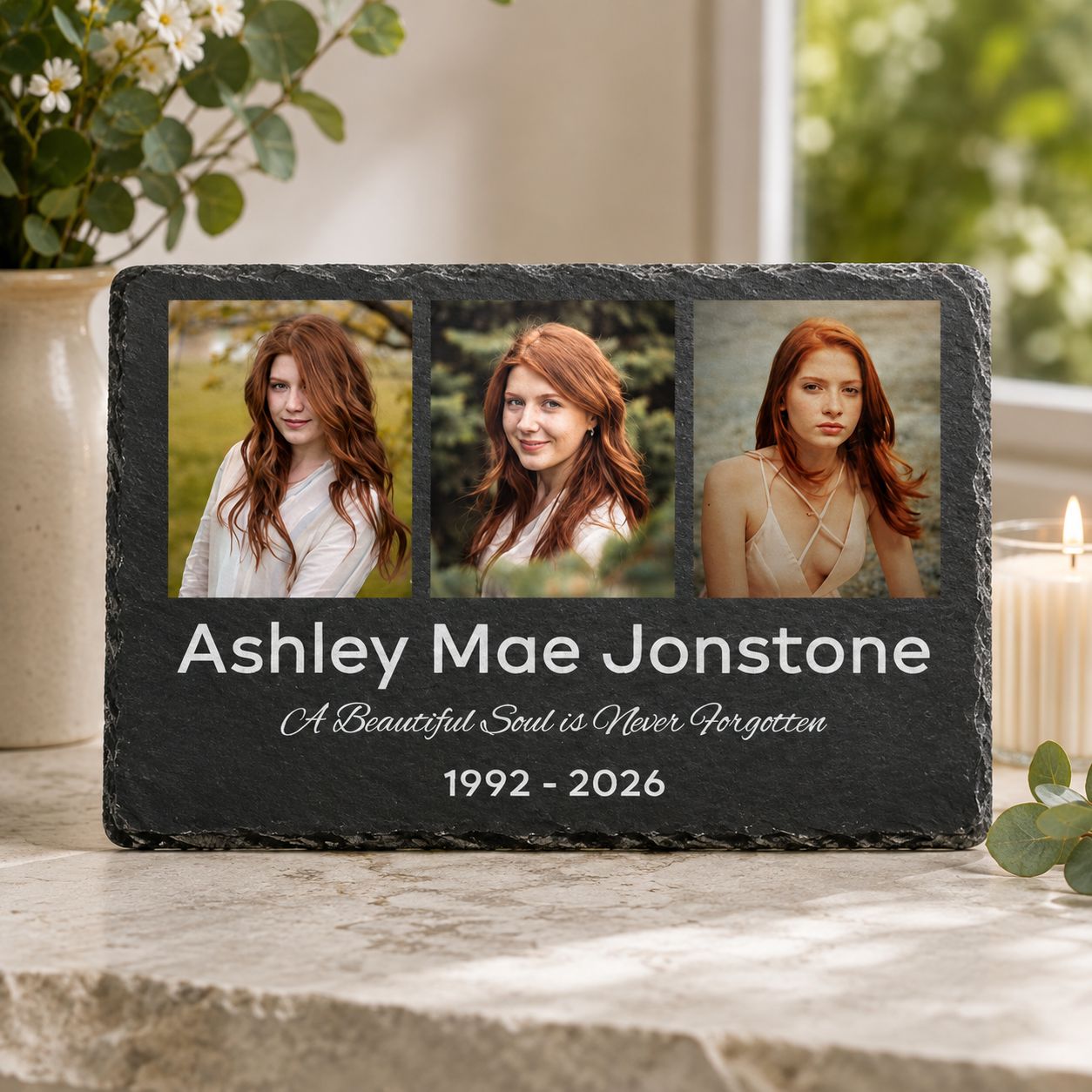 Personalised three photo memorial slate plaque 30 × 20cm with custom name and dates