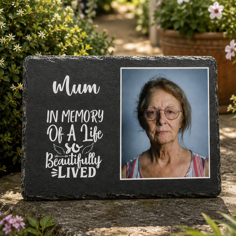 Custom photo remembrance plaque with choice of eight memorial quotes for indoor or outdoor display