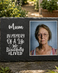 Custom photo remembrance plaque with choice of eight memorial quotes for indoor or outdoor display
