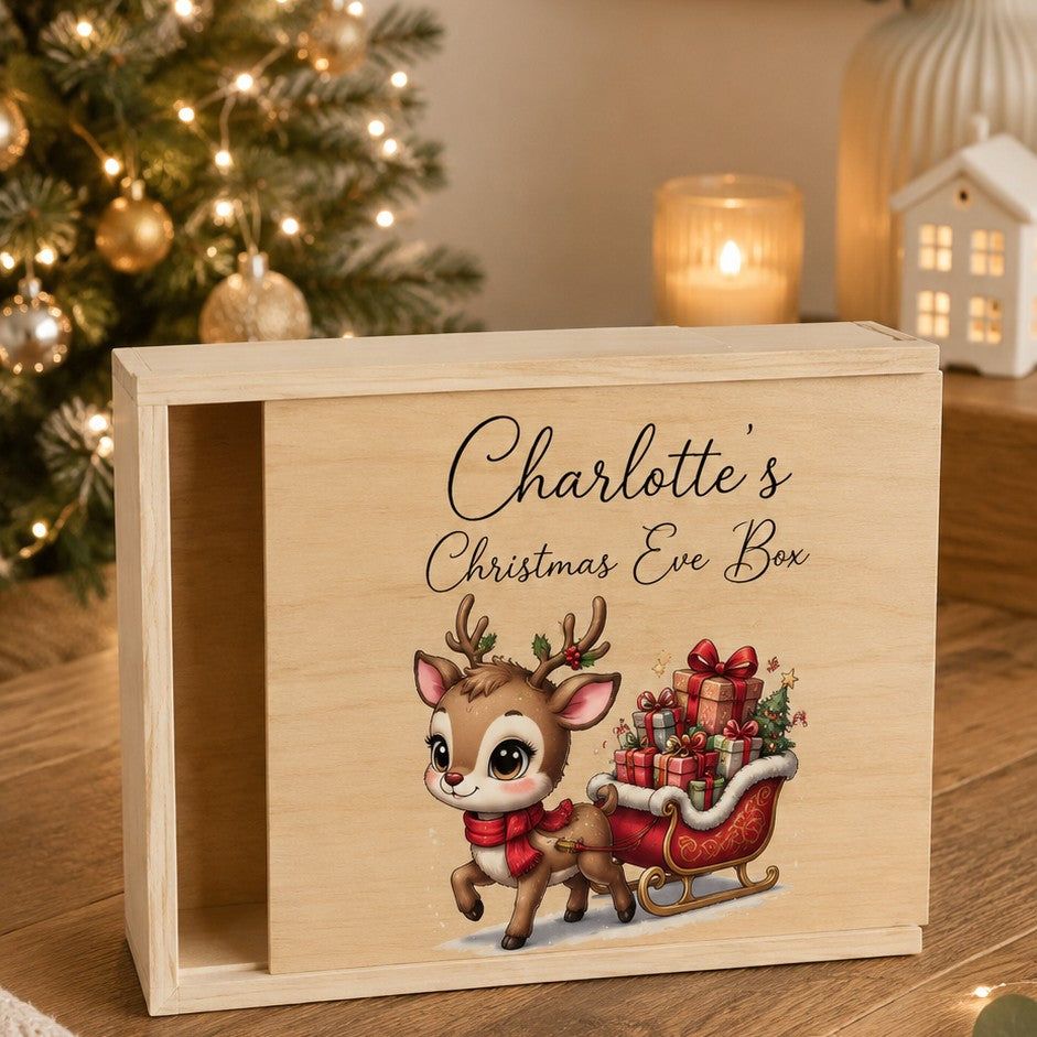 personalized light wood Christmas Eve box with a sliding lid