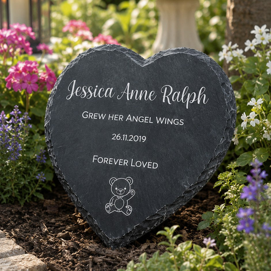 Personalised baby loss memorial slate heart plaque with angel teddy design