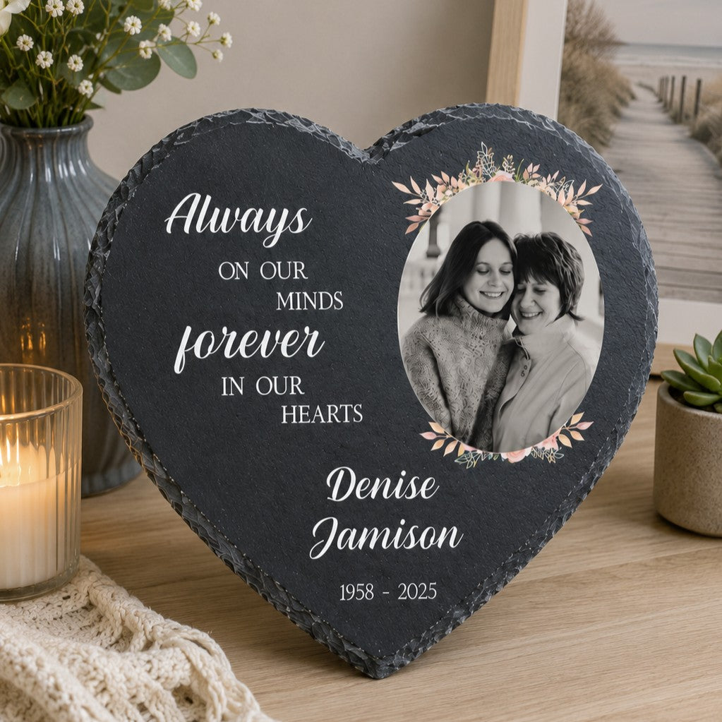 Personalised natural slate heart remembrance plaque for garden or home display