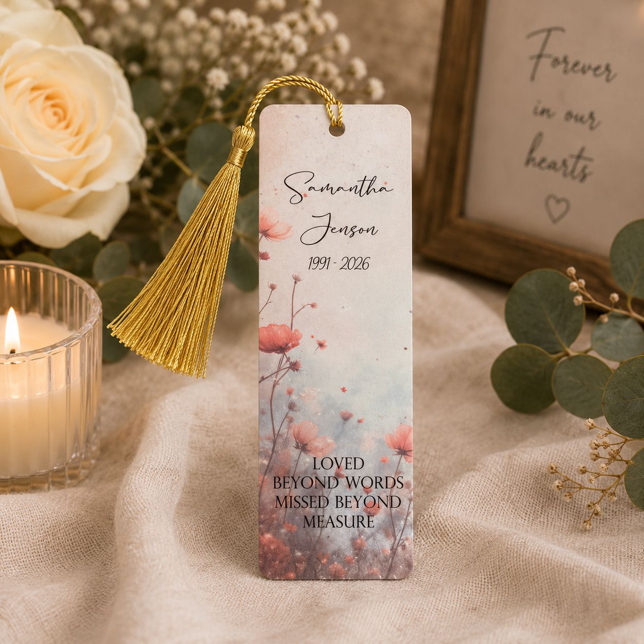 Personalised floral memorial acrylic bookmarks with luxury tassels