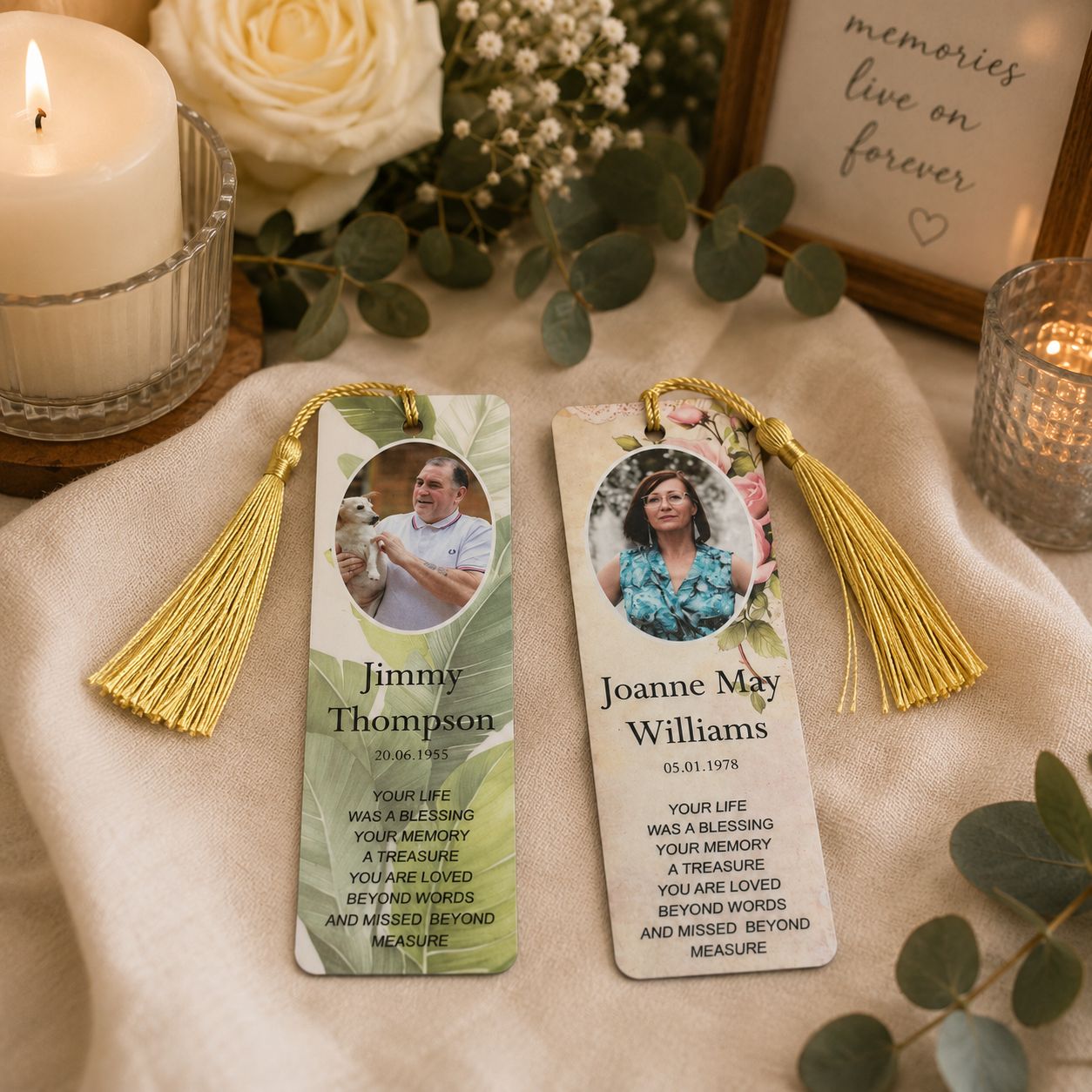 Personalised 2mm white acrylic memorial bookmarks with photo and tassels