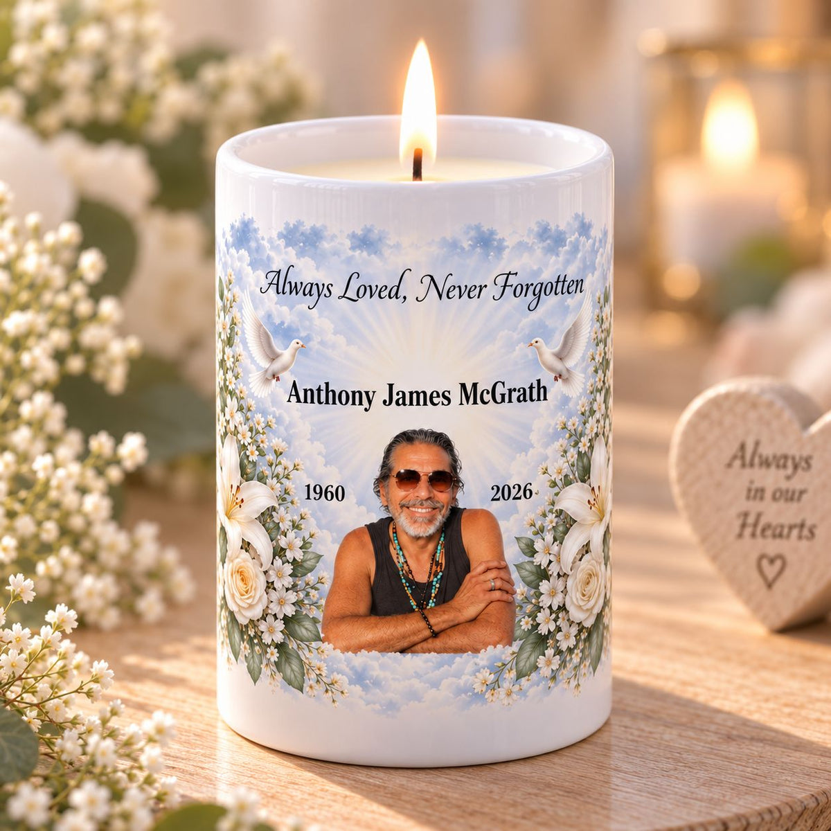 Always Loved Never Forgotten personalised bereavement photo candle