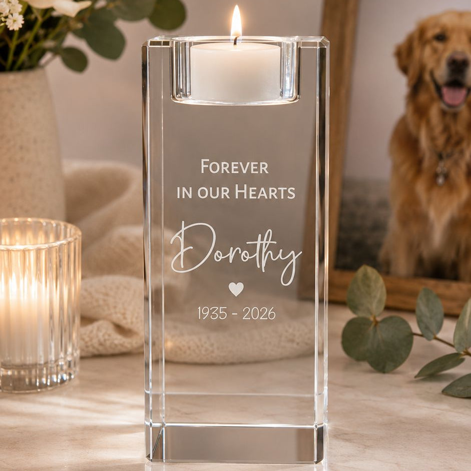 Personalised crystal memorial candle holder engraved with Forever in Our Hearts