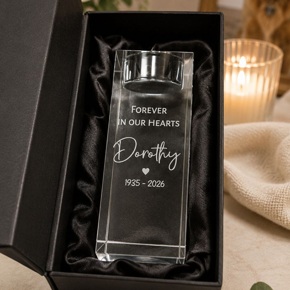 Engraved glass memorial tea light candle holder with luxury black gift box