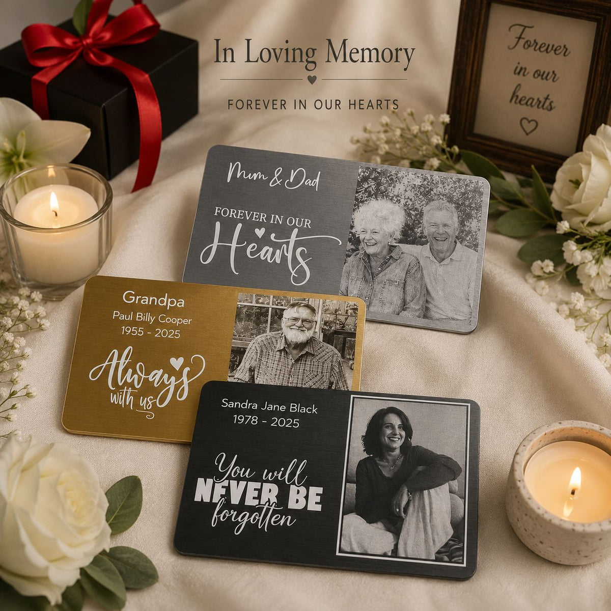 Personalised engraved metal memorial wallet cards available in black, gold and silver