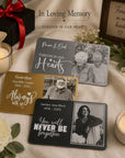 Personalised engraved metal memorial wallet cards available in black, gold and silver