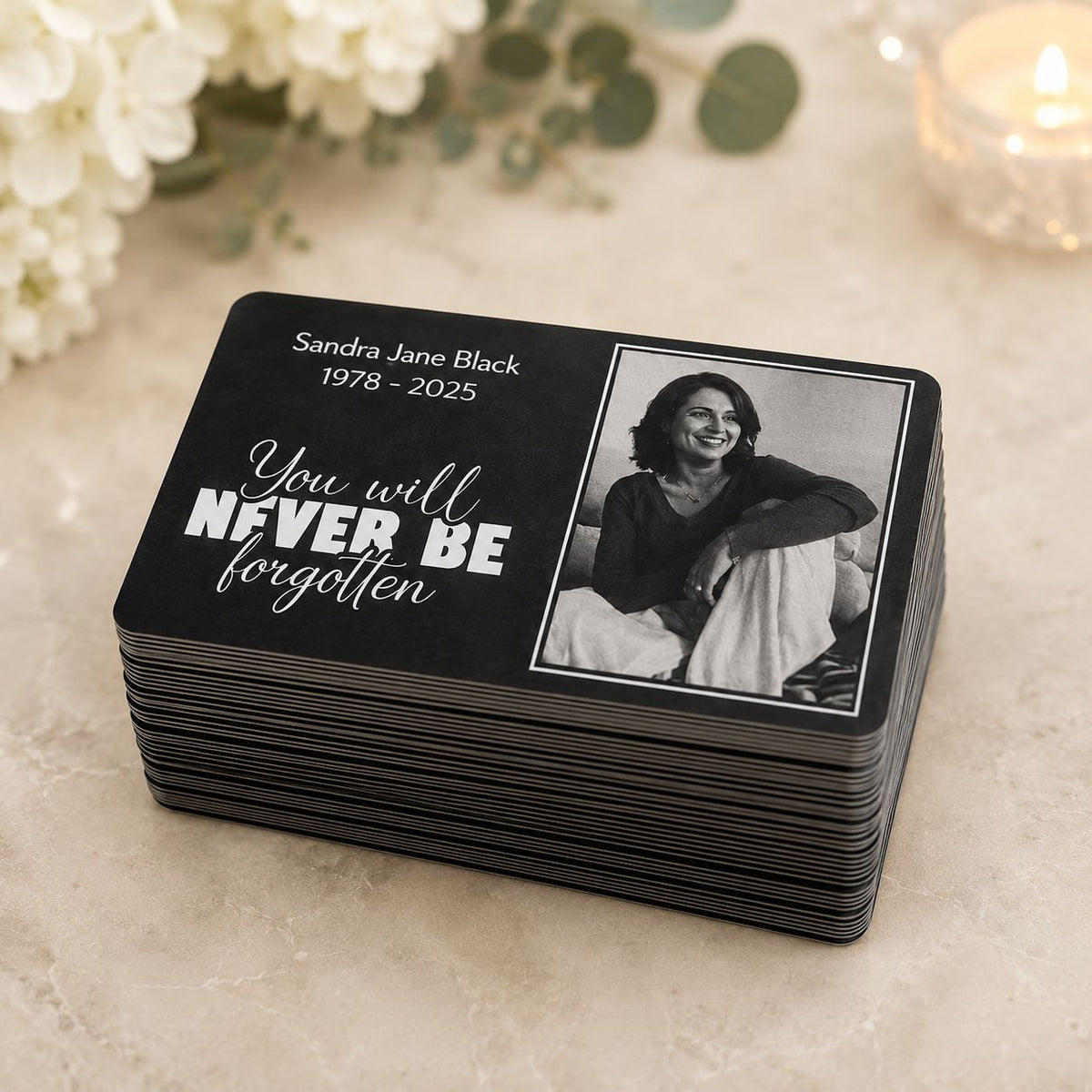 Engraved aluminium remembrance wallet cards available in bundles of 10, 20, 50, 70 and 100