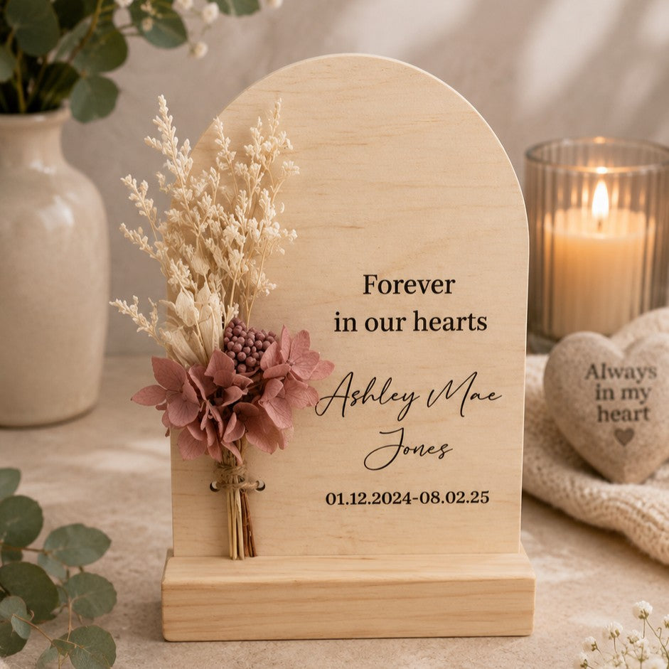 Memorial plaque with flowers and personalised text 